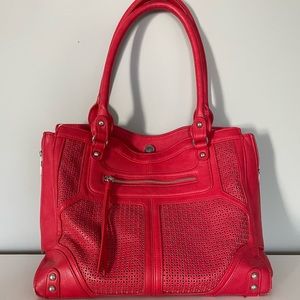 Red Leather Expandable Tote Bag with Eyelet Detail